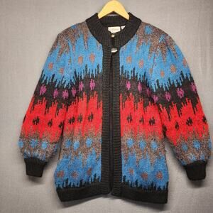 Vintage Womens Sweater Cardigan Size Large Wool Blend Red Blue Thick Heavyweight